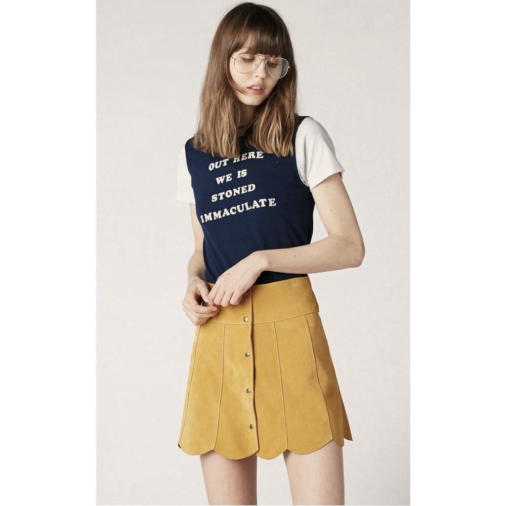 Stoned Immaculate Marcia Suede Petal Skirt Small Mustard Scalloped Hem 60s Retro